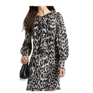 Milly NY Black Gray White Leopard Print 100% Silk Ruffle Front Shift Dress Sz 6